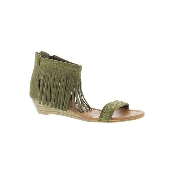 Minnetonka Womens Wedge Sandals Size 7 Green Suede Fringe Western Festival - Picture 3 of 12